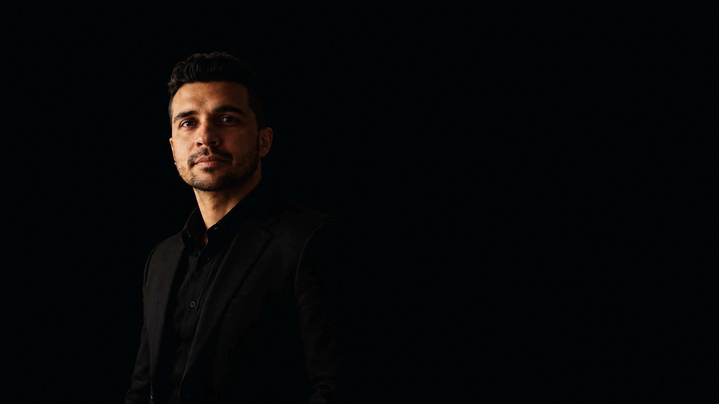 Glauco Lucena in a black suit, turned 45 degrees, looking at the camera against a black background